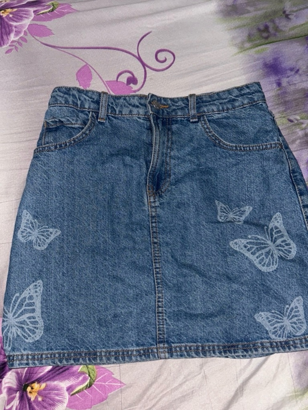 Denim&Co Blue Denim Mini Skirt with Butterfly Print